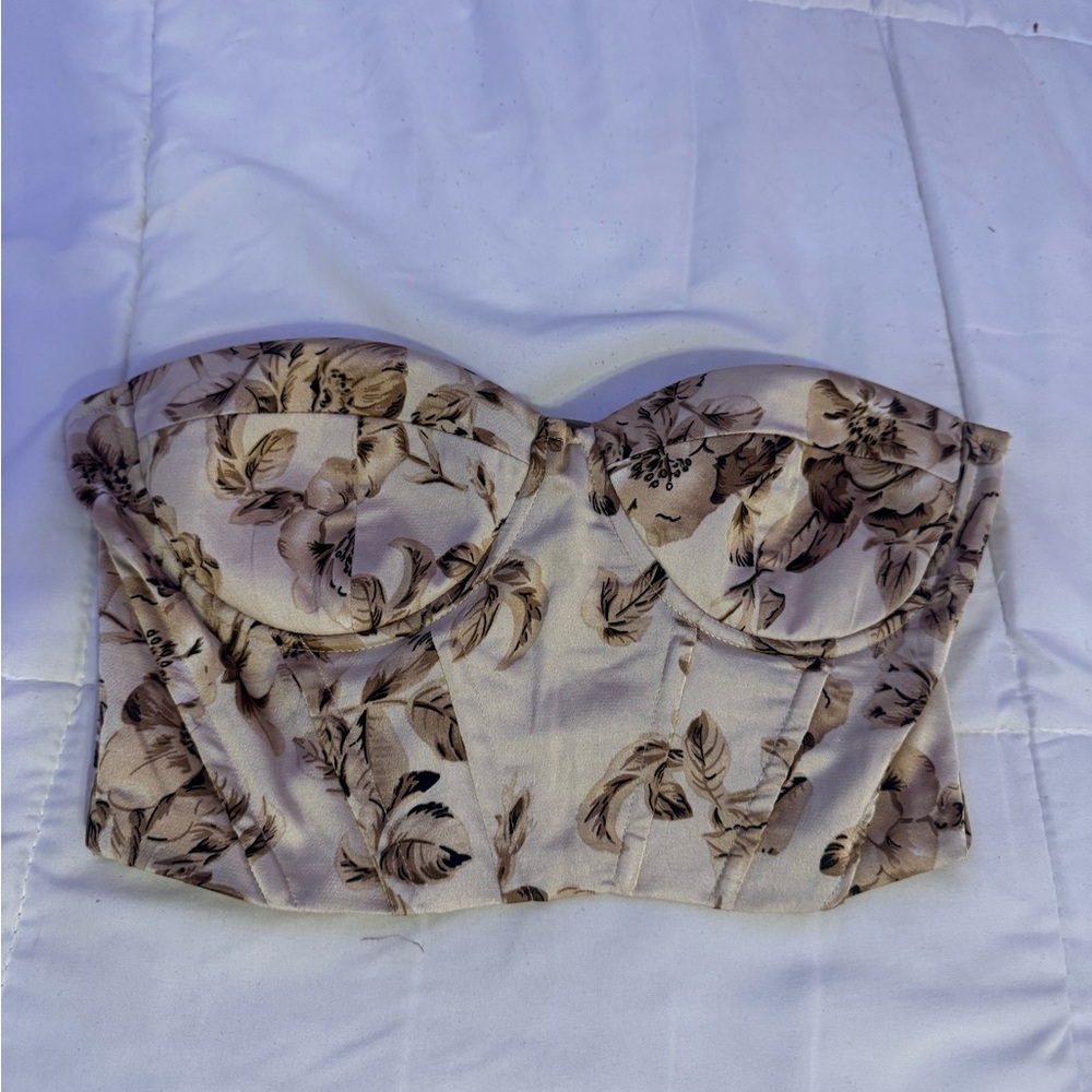 Floral Strapless Bustier Crop Top in Taupe and Brown